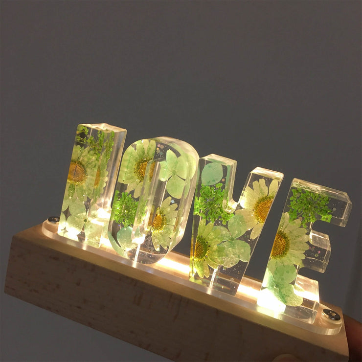 Green Floral Dried Pressed Flowers Resin Name Night Light-Wooden Base