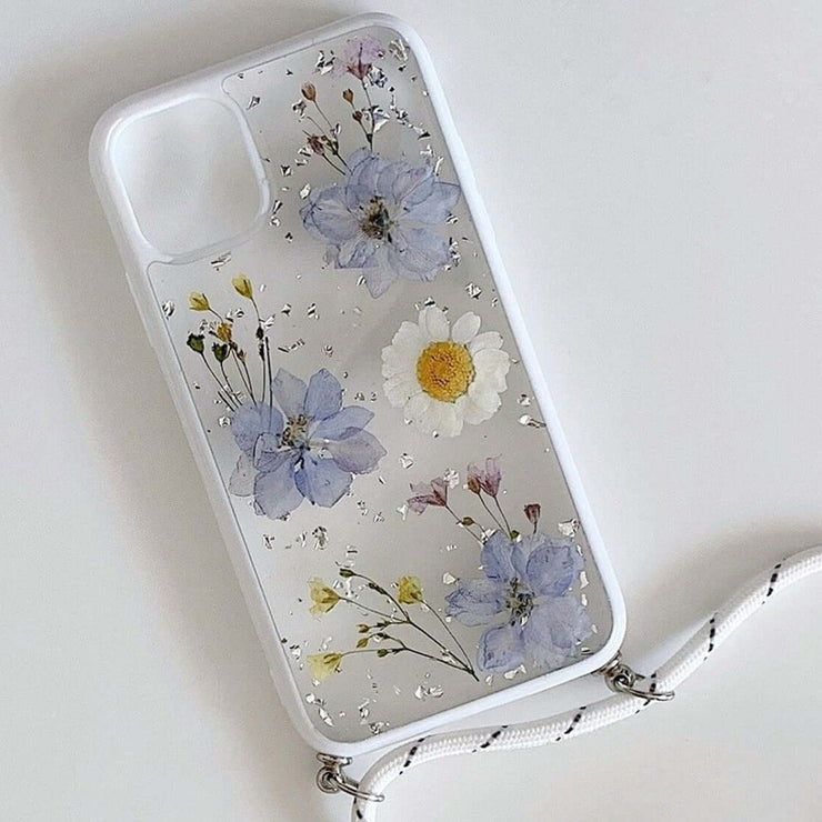 Light Blue | Multicolor Lanyard | Pressed Flower Bumper White Border Case