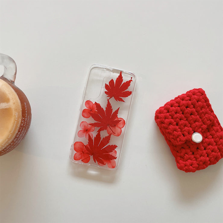 Real Pressed Flowers - Red Maple Leaf Clear Phone Case