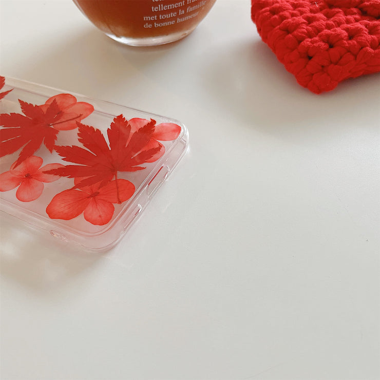 Real Pressed Flowers - Red Maple Leaf Clear Phone Case