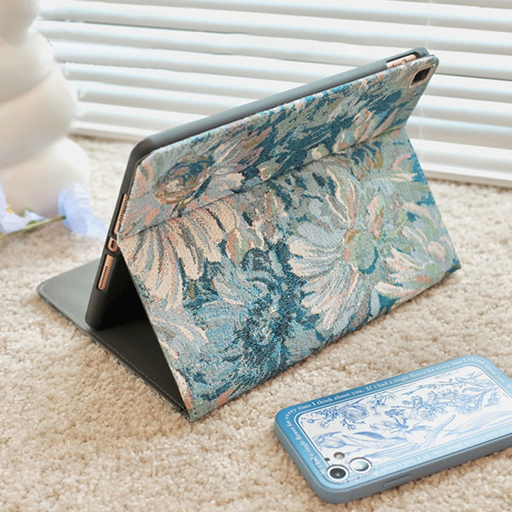 Summer Blue Oil Painting Embroidery Tablet Case-iPad Pro/Air 4 5/Mini 6