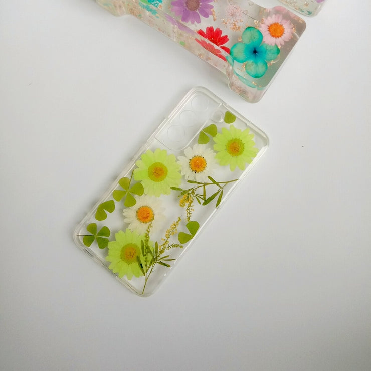 Green Daisies Green Leaves Clear Phone Case