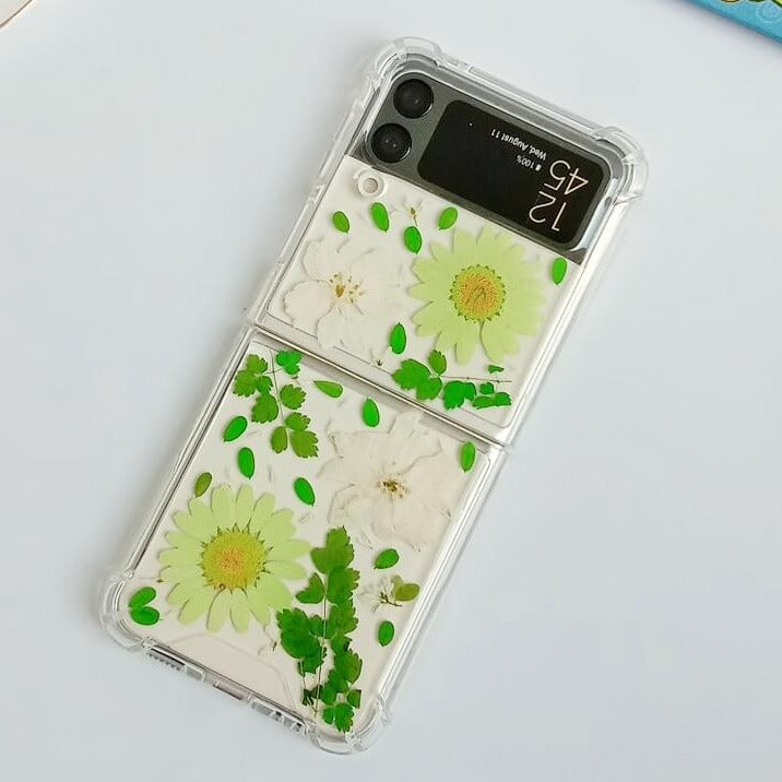 Green Daisy White Pressed Flowers Samsung Z Flip/Fold Clear Case