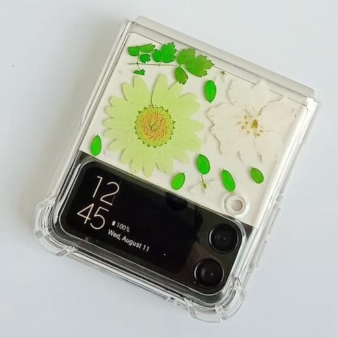 Green Daisy White Pressed Flowers Samsung Z Flip/Fold Clear Case