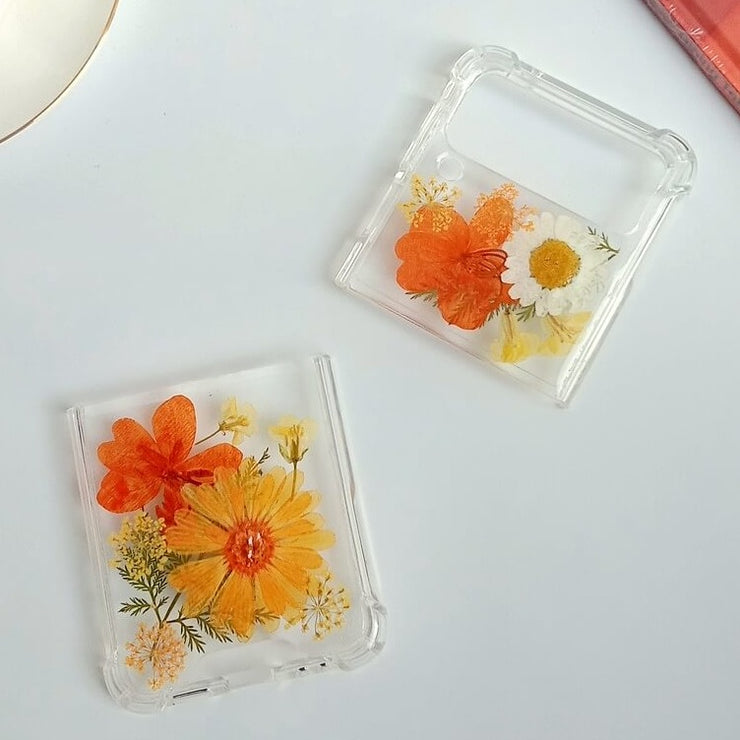 White Daisies Orange Pressed Flowers Samsung Z Flip/Fold Clear Case