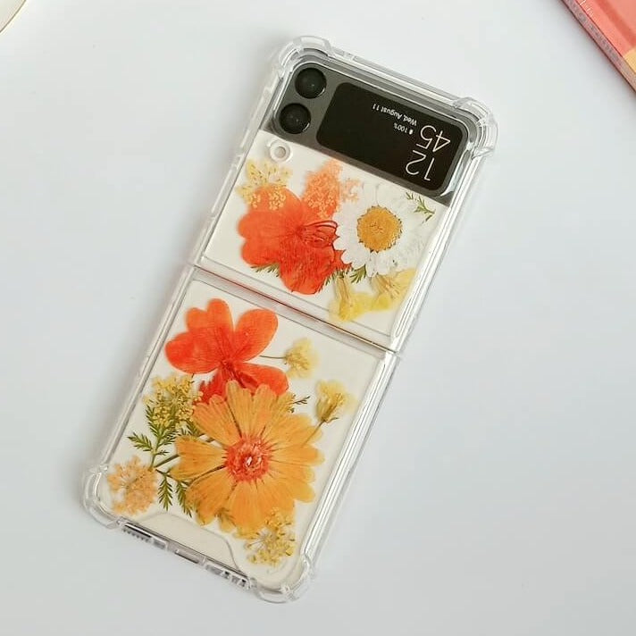 White Daisies Orange Pressed Flowers Samsung Z Flip/Fold Clear Case