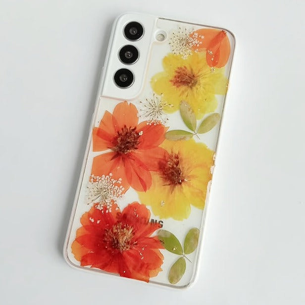 Red & Orange | Multicolor Lanyard | Pressed Flowers Bumper White Border Case