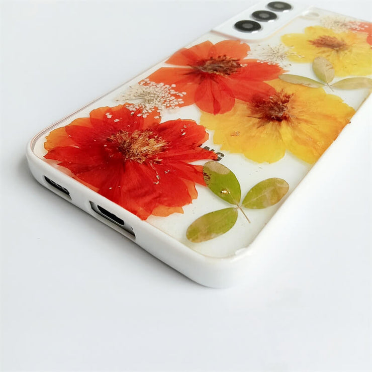 Red & Orange | Multicolor Lanyard | Pressed Flowers Bumper White Border Case