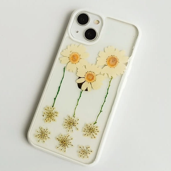 Three Daisies | Multicolor Lanyard | Pressed Flowers Bumper White Border Case