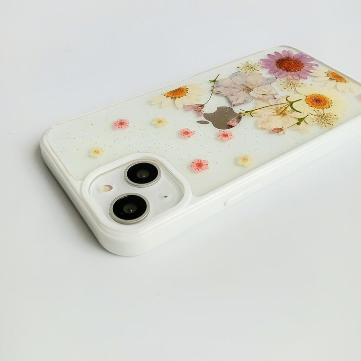 White & Purple | Multicolor Lanyard | Pressed Flowers Bumper White Border Case