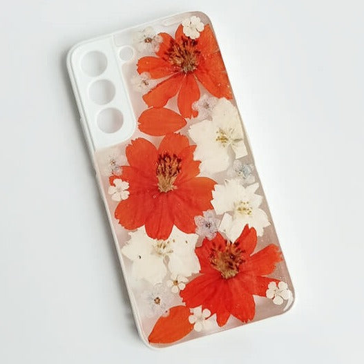 Orange & White | Multicolor Lanyard | Pressed Flowers Bumper White Border Case