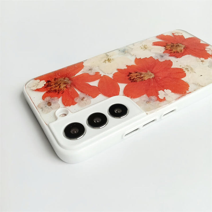 Orange & White | Multicolor Lanyard | Pressed Flowers Bumper White Border Case