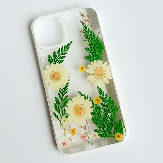 Green Leaves Daisies  | Multicolor Lanyard | Pressed Flower Bumper White Border Case