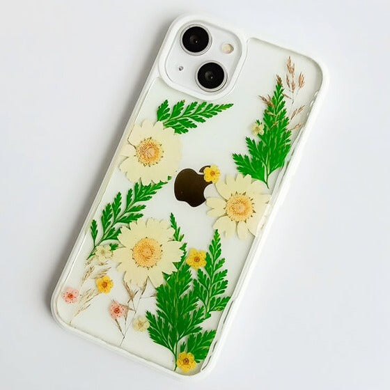 Green Leaves Daisies  | Multicolor Lanyard | Pressed Flower Bumper White Border Case