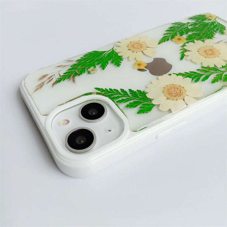 Green Leaves Daisies  | Multicolor Lanyard | Pressed Flower Bumper White Border Case