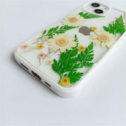 Green Leaves Daisies  | Multicolor Lanyard | Pressed Flower Bumper White Border Case