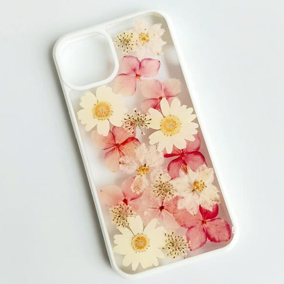 Pink & White | Multicolor Lanyard | Pressed Flowers Bumper White Border Case