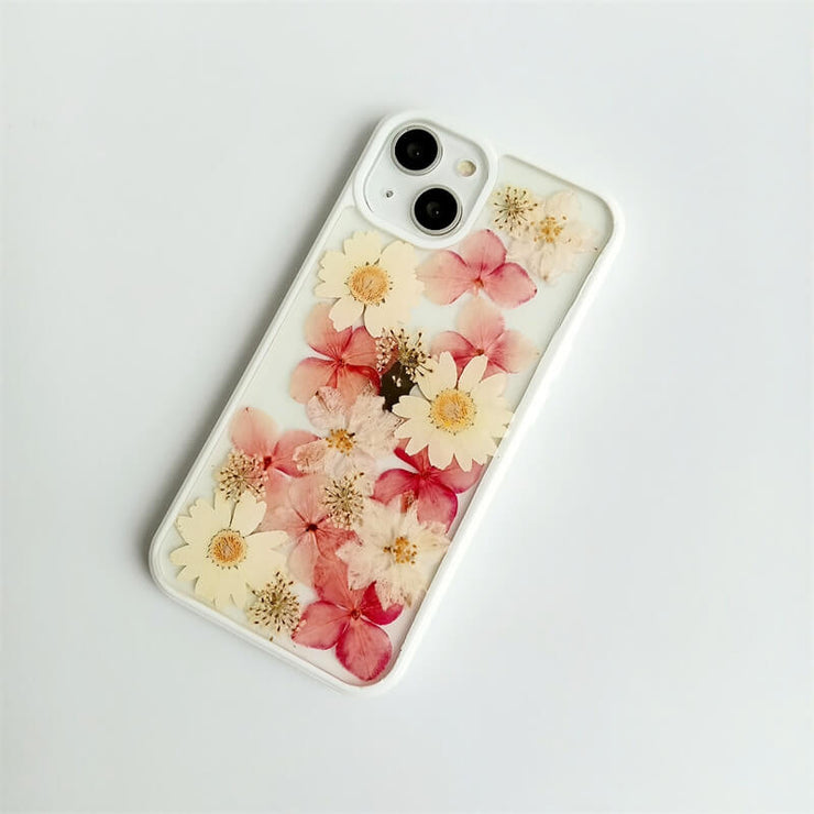 Pink & White | Multicolor Lanyard | Pressed Flowers Bumper White Border Case