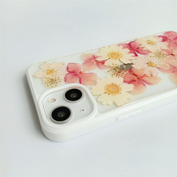 Pink & White | Multicolor Lanyard | Pressed Flowers Bumper White Border Case