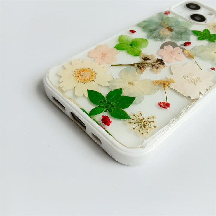 Green Leaf | Multicolor Lanyard | Pressed Flowers Bumper White Border Case