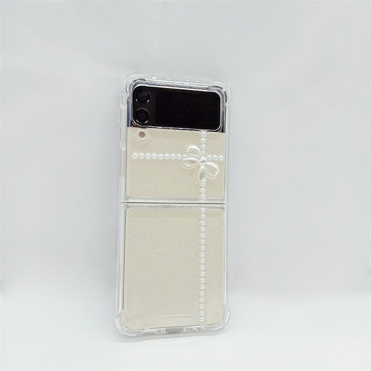 White Bow Tie & Pearls | Clear Bumper Case | Z Flip 3, Z Flip 4, Z Fold 3, Z Fold 4