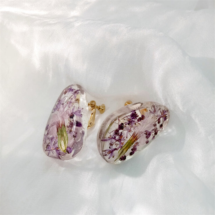 Purple FLower Pattern | Ear Clips | Earrings | 14K Gold Clad