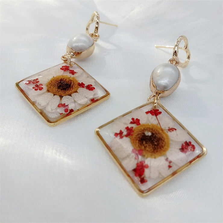 Natural Baroque Shaped Pearls | White Daisies | Earrings | 14K Gold Clad