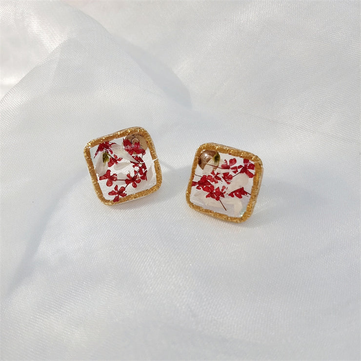 Resin Daisies & Red Flower | Gold Plated Border | Earrings | 14K Gold Clad