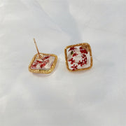 Resin Daisies & Red Flower | Gold Plated Border | Earrings | 14K Gold Clad