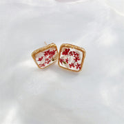 Resin Daisies & Red Flower | Gold Plated Border | Earrings | 14K Gold Clad