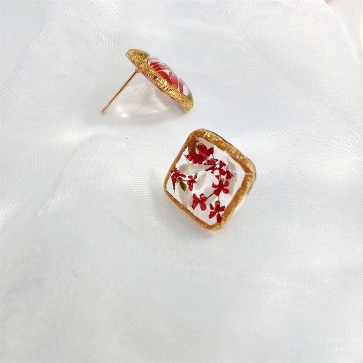 Resin Daisies & Red Flower | Gold Plated Border | Earrings | 14K Gold Clad