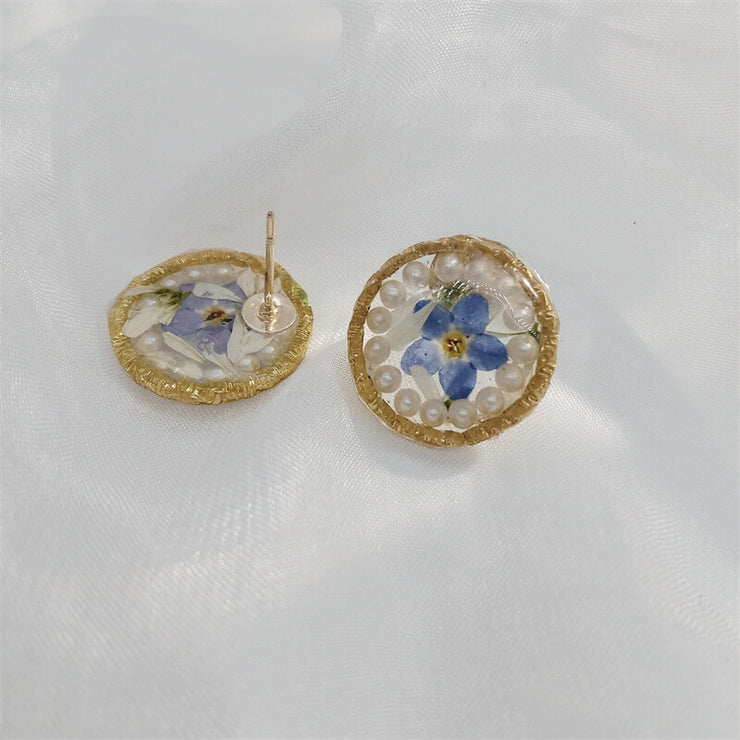 Resin Daisies & Pearl | Gilded Circle | Earrings | 14K Gold Clad