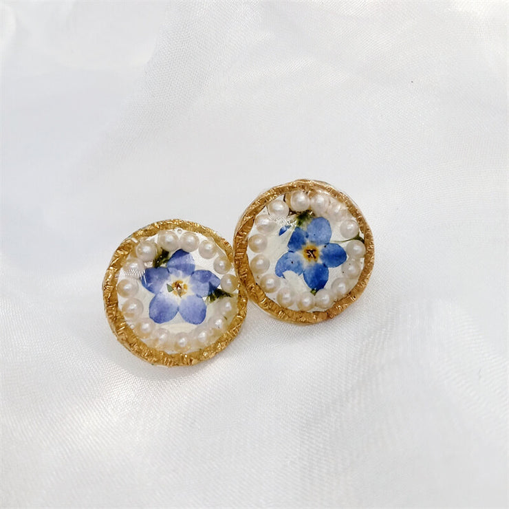 Resin Daisies & Pearl | Gilded Circle | Earrings | 14K Gold Clad