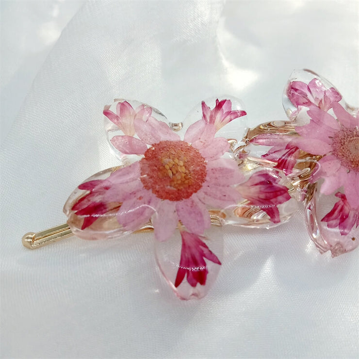 Resin Pressed Flowers | Pink Red Hair Clips | Hairpin | 14K Gold Clad