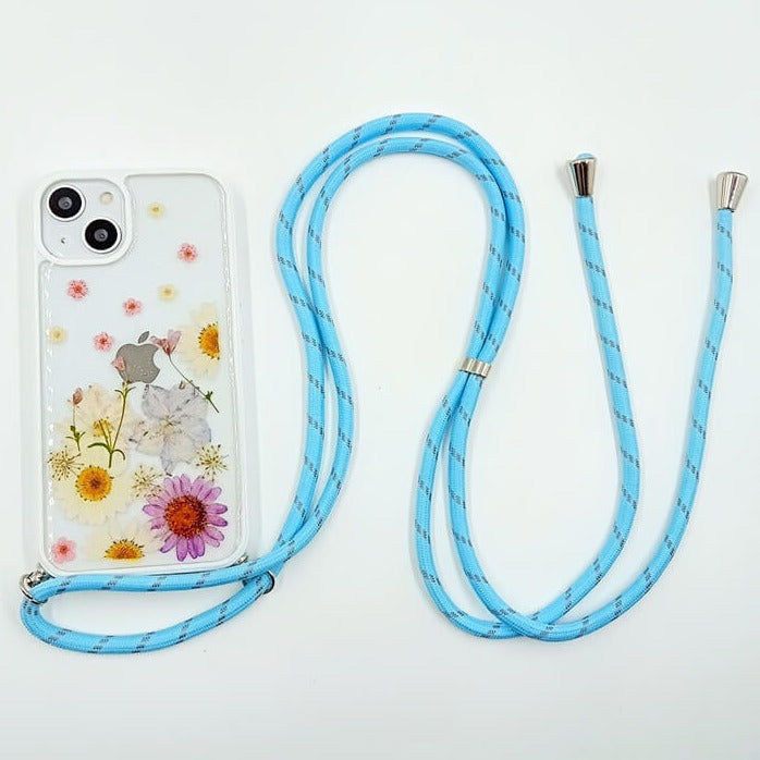 White & Purple | Multicolor Lanyard | Pressed Flowers Bumper White Border Case