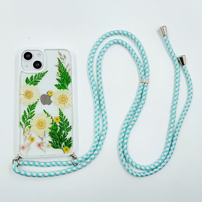 Green Leaves Daisies  | Multicolor Lanyard | Pressed Flower Bumper White Border Case