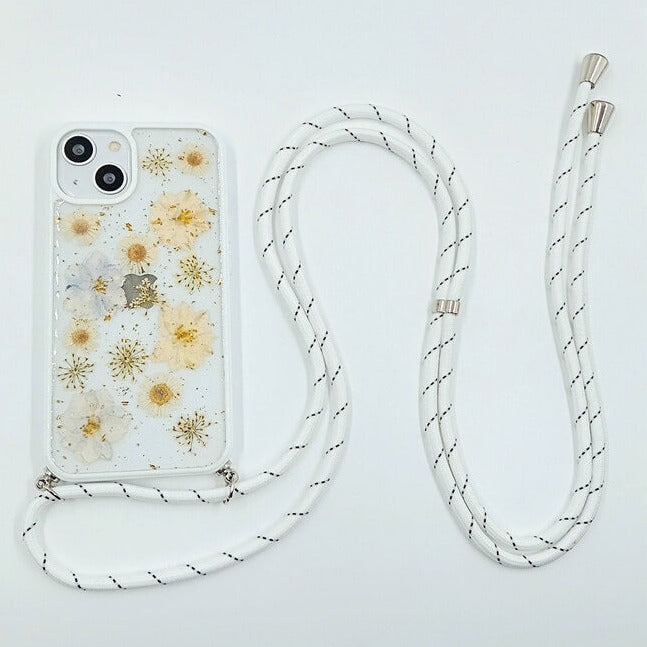 Gold Foil White Delphinium | Multicolor Lanyard | Pressed Flower Bumper White Border Case