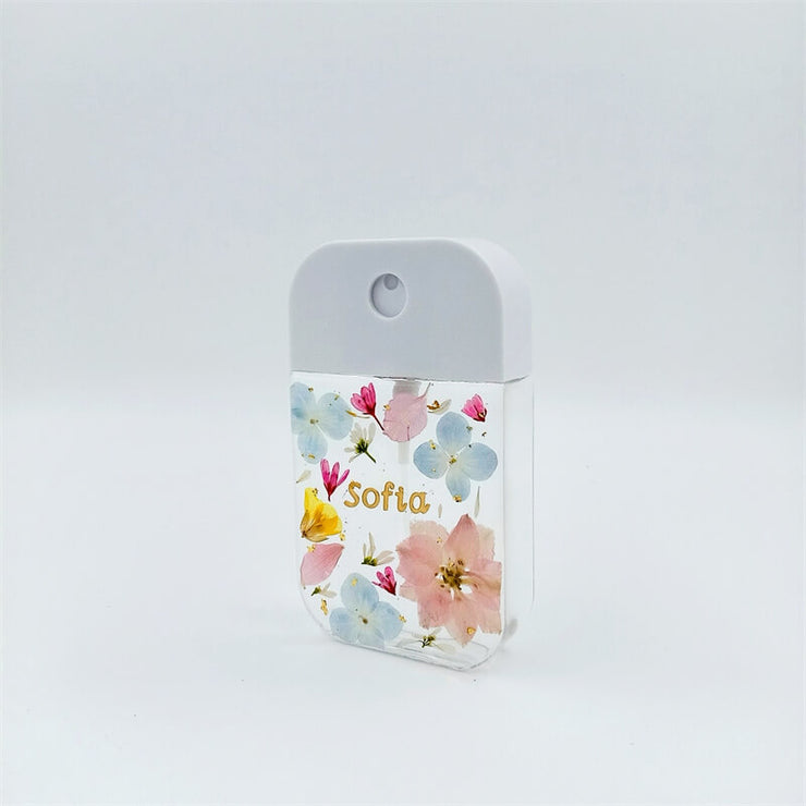 Light Blue Pink White Dried Flowers | Free Custom Name Real Pressed Flower | Refillable Spray Bottle + Protective + Hook