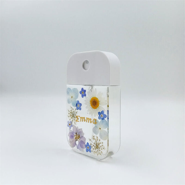 Blue Flowers White Daisies | Free Custom Name Real Pressed Flower | Refillable Spray Bottle + Protective + Hook