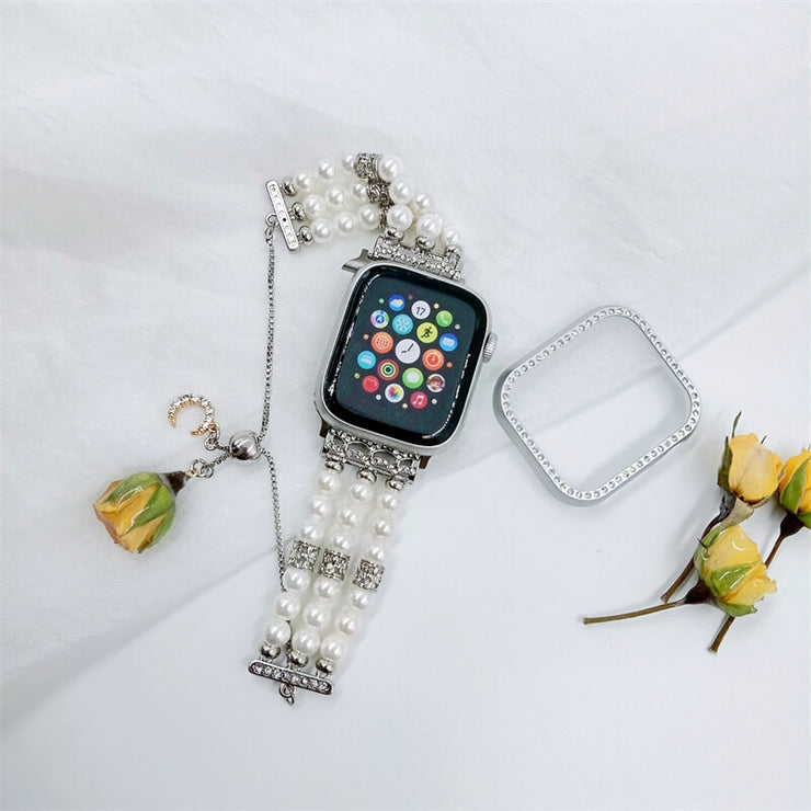 Apple Watch Band | Custom Letters | With Real Pressed Flower Charm | Retractable Pearl | iWatch Band Jewelry