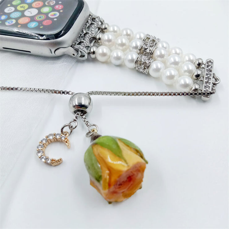 Apple Watch Band | Custom Letters | With Real Pressed Flower Charm | Retractable Pearl | iWatch Band Jewelry