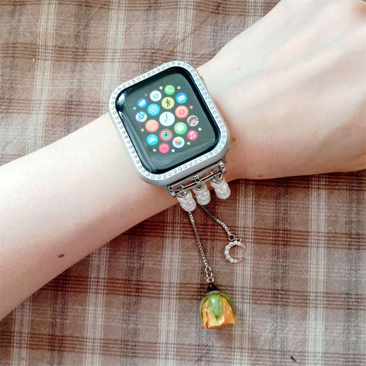 Apple Watch Band | Custom Letters | With Real Pressed Flower Charm | Retractable Pearl | iWatch Band Jewelry