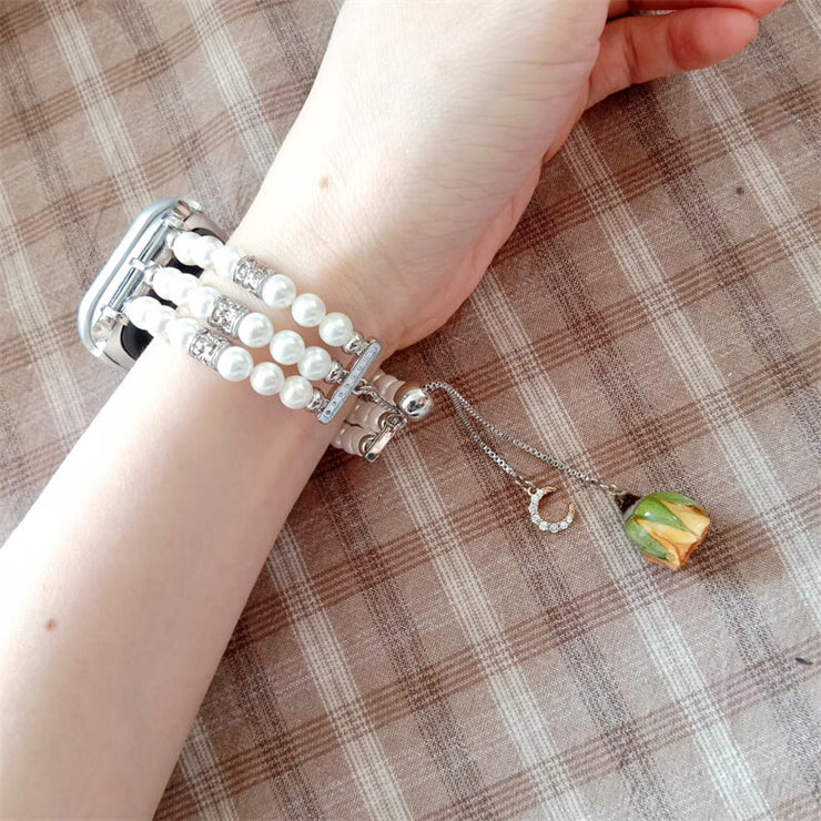 Apple Watch Band | Custom Letters | With Real Pressed Flower Charm | Retractable Pearl | iWatch Band Jewelry