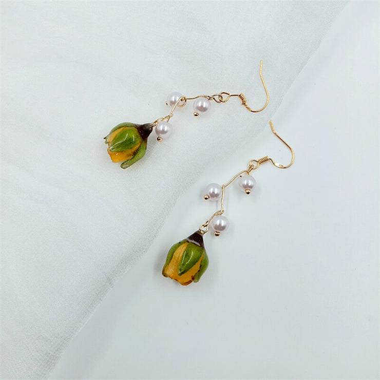 Imitation Pearls Decoration | Resin Dried Champagne Rose | Earrings | 14K Gold Clad