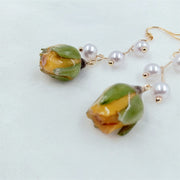 Imitation Pearls Decoration | Resin Dried Champagne Rose | Earrings | 14K Gold Clad