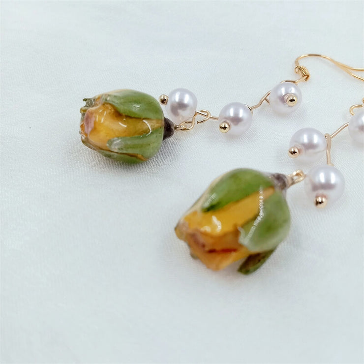 Imitation Pearls Decoration | Resin Dried Champagne Rose | Earrings | 14K Gold Clad