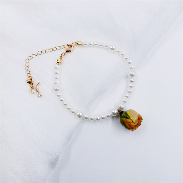 Natural Shell Beads | Yellow Resin Dried Rose | Bracelets | 14K Gold Clad