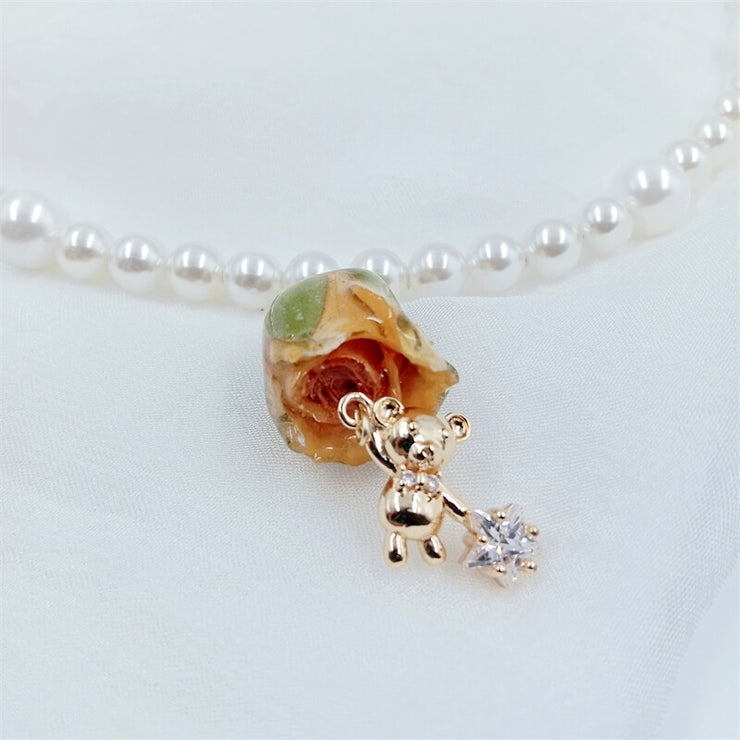 Bear Pendant | Resin Yellow Dried Rose | Pearl | Necklace | 14K Gold Clad