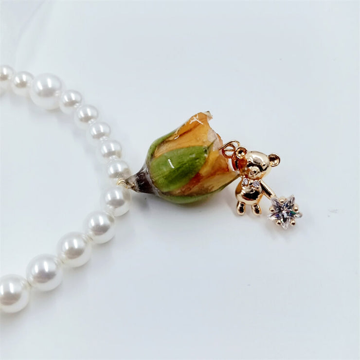 Bear Pendant | Resin Yellow Dried Rose | Pearl | Necklace | 14K Gold Clad