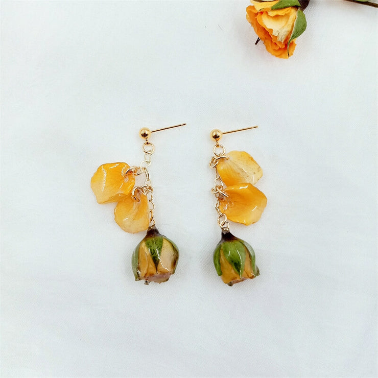 Flower Petals | Champagne Resin Dried Rose| Earrings | 14K Gold Clad